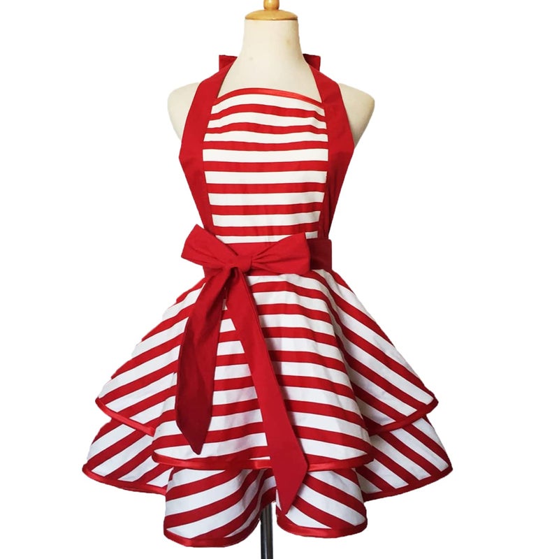 Violet Mist Cute Lovely Retro Aprons for Women Girls Ladies Sexy Vintage Aprons Christmas Apron Red Striped Vintage 50s Apron kawaii Cooking Kitchen Ruffle Apron for Housewife Waitress Mother's Gift - Image 1